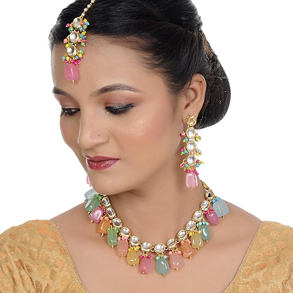 Tehzeeb Creations Back Meenakari Gold-Polished Multicolor Tika Earring Jewellery Set Uncut Kundan Big Faux Kundan Dibbi Kundan Choker Necklace Set | Swadesiicart