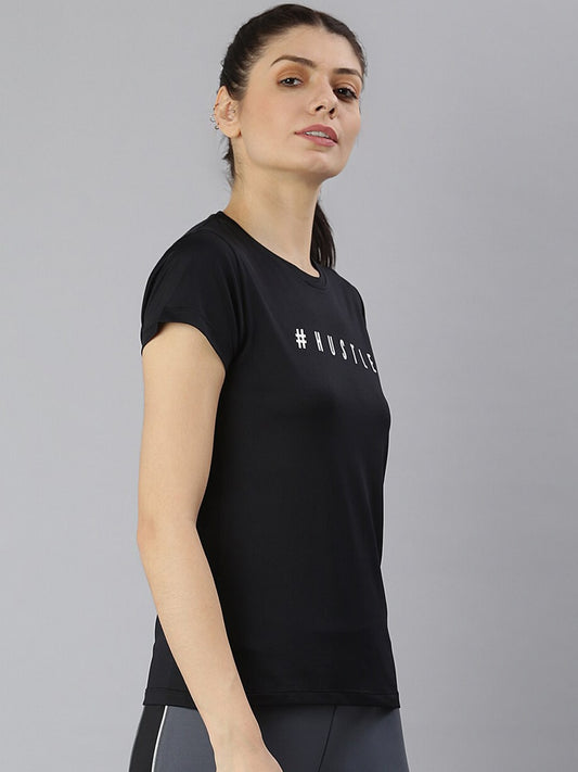 MKH Women Black Typography Printed Dri-FIT Sports T-shirt - Swadesiicart