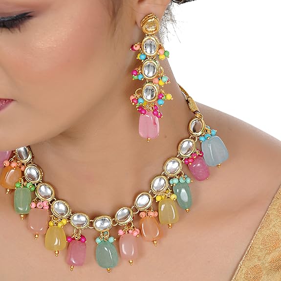 Tehzeeb Creations Back Meenakari Gold-Polished Multicolor Tika Earring Jewellery Set Uncut Kundan Big Faux Kundan Dibbi Kundan Choker Necklace Set | Swadesiicart