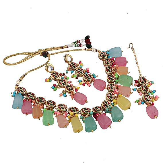 Tehzeeb Creations Back Meenakari Gold-Polished Multicolor Tika Earring Jewellery Set Uncut Kundan Big Faux Kundan Dibbi Kundan Choker Necklace Set | Swadesiicart