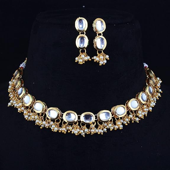 Tehzeeb Creations Back Meenakari Gold-Polished White Color Triangular Shape Earring Jewellery Set Uncut Kundan Big Faux Kundan Dibbi Kundan Choker Necklace Set | Swadesiicart
