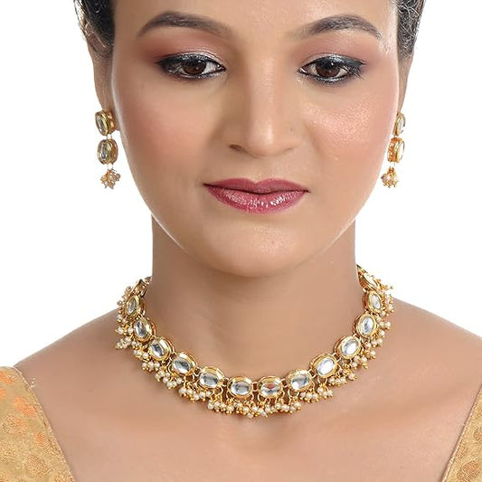 Tehzeeb Creations Back Meenakari Gold-Polished White Color Triangular Shape Earring Jewellery Set Uncut Kundan Big Faux Kundan Dibbi Kundan Choker Necklace Set | Swadesiicart