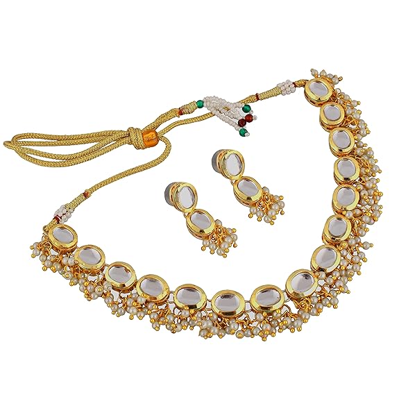 Tehzeeb Creations Back Meenakari Gold-Polished White Color Triangular Shape Earring Jewellery Set Uncut Kundan Big Faux Kundan Dibbi Kundan Choker Necklace Set | Swadesiicart