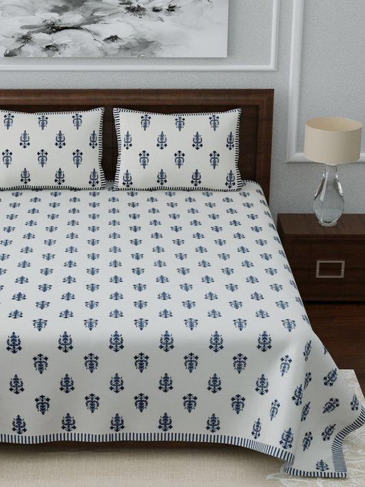 LIVING ROOTS White & Navy Blue Printed 210 TC Cotton 1 Extra Large Bedsheet with 2 Pillow Covers - Swadesiicart