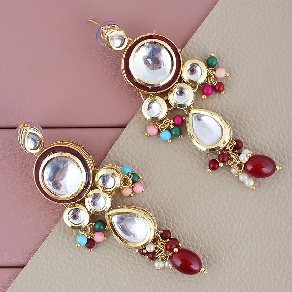 Tehzeeb Creations Back Meenakari Gold-Polished Tika Earring Combo Uncut Big Faux Kundan Choker Necklace set | Swadesiicart
