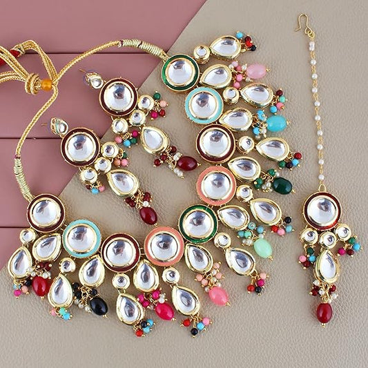 Tehzeeb Creations Back Meenakari Gold-Polished Tika Earring Combo Uncut Big Faux Kundan Choker Necklace set | Swadesiicart