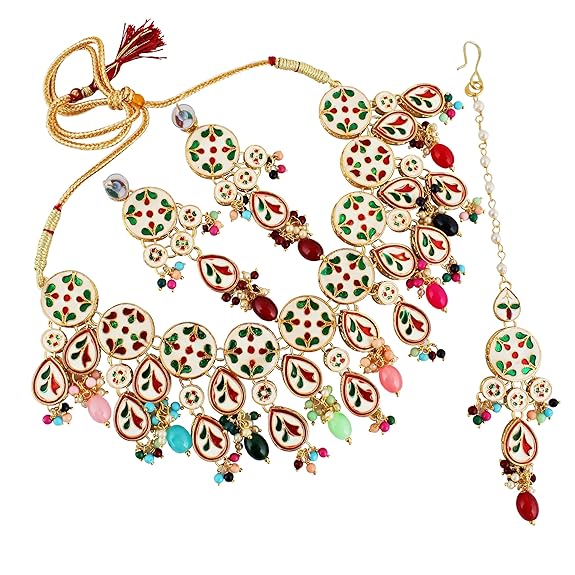 Tehzeeb Creations Back Meenakari Gold-Polished Tika Earring Combo Uncut Big Faux Kundan Choker Necklace set | Swadesiicart