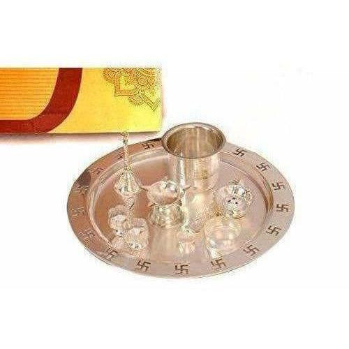 Silver Plated OM Pooja Thali 1 Set 8 Pcs - Swadesiicart