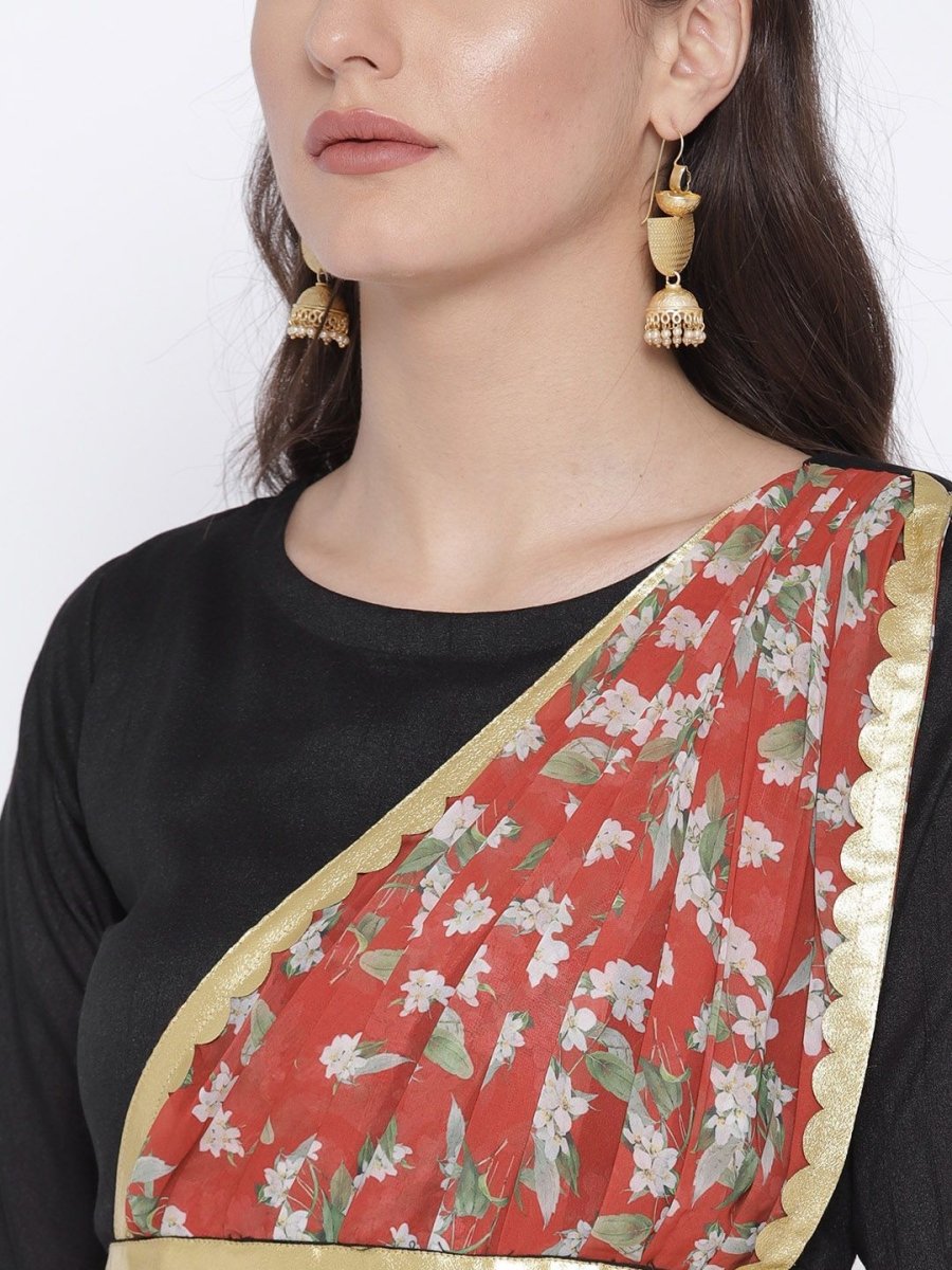 Ahalyaa Women's Black Poly Silk Kurta With Printed Dupatta | Swadesiicart