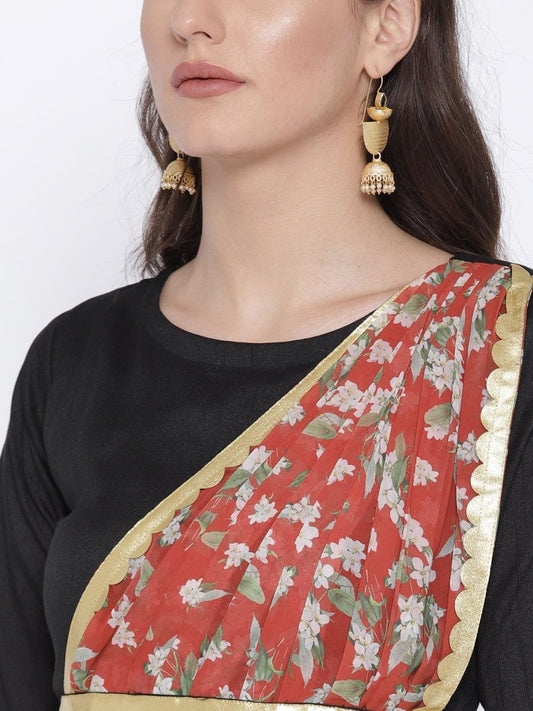 Ahalyaa Women's Black Poly Silk Kurta With Printed Dupatta | Swadesiicart