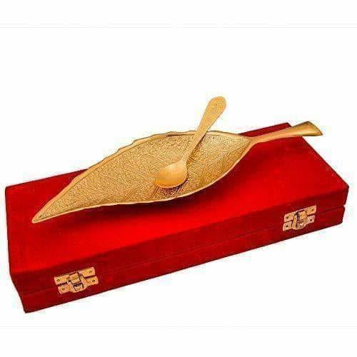 Brass Decorative Gold-Polished Leaf Platter with Spoon