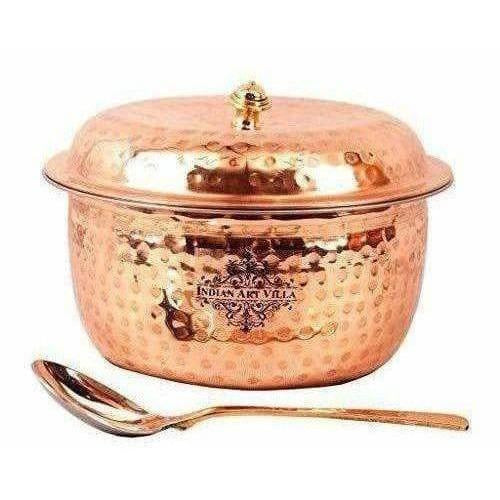 Steel Copper Casserole Bowl With Lid & 1 Serving Spoon - Set Of 2 Pieces - Swadesiicart