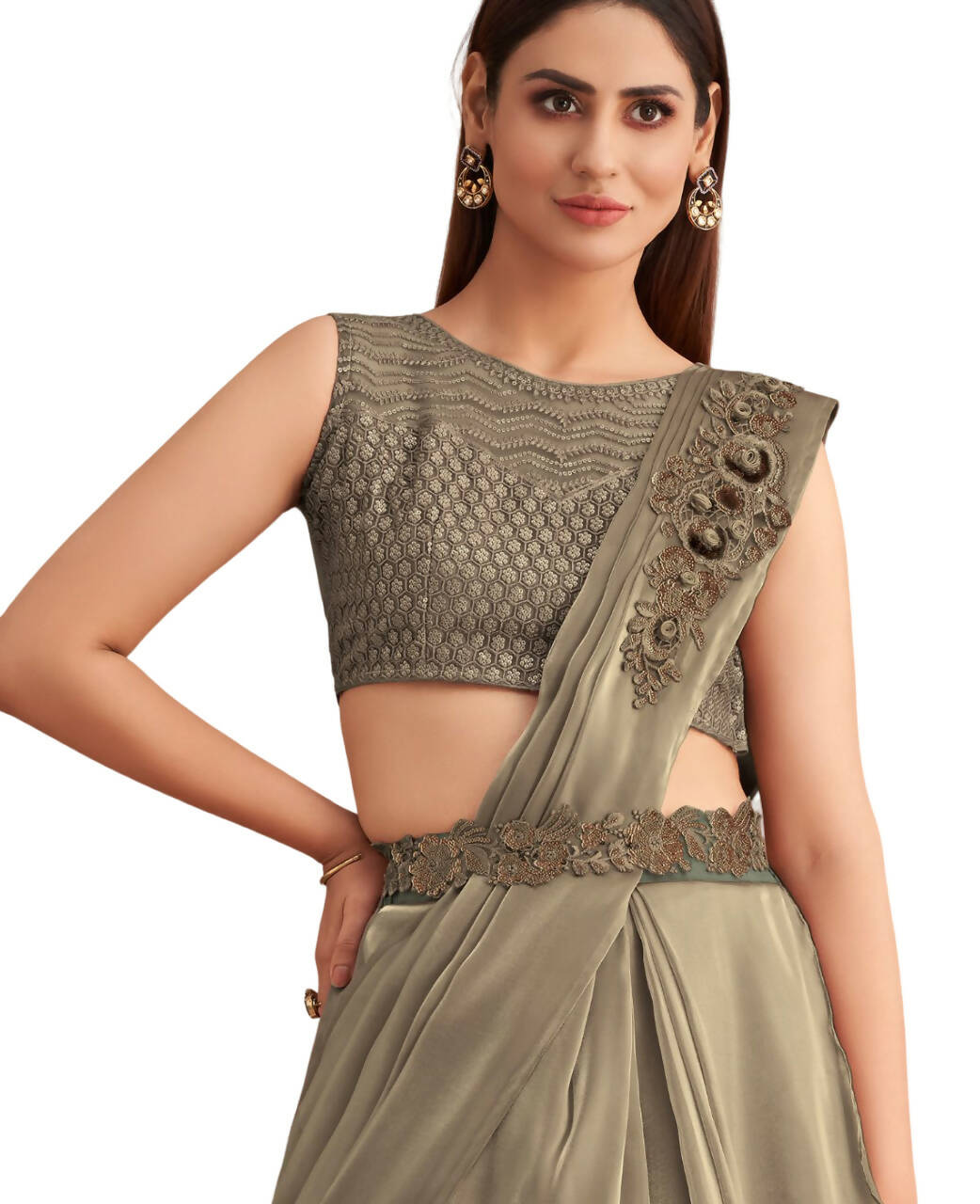 Green Satin Embroidered Ready To Wear Saree With Unstitched Blouse Piece - Nandika | Swadesiicart