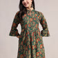 Aavyora Women's Ethnic Floral Printed Tunic - Green with Red & Gold Accents, Pin-Tucked Front, and Flared Hem