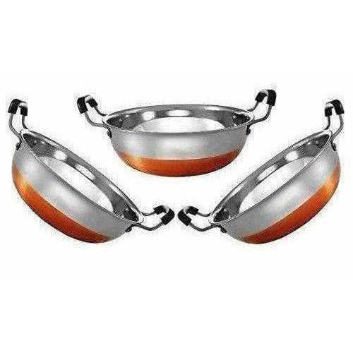 Stainless Steel Copper Bottom Kadhai with Handle - Set of 3 Pieces - Swadesiicart
