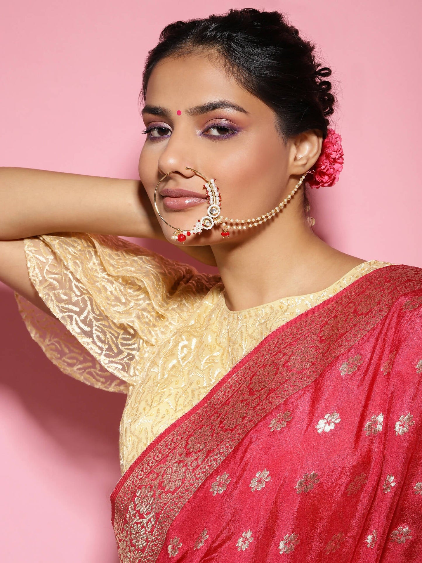 Gold-Polished White Red Kundan Studded Beaded Chained Nose Ring - Ruby Raang | Swadesiicart