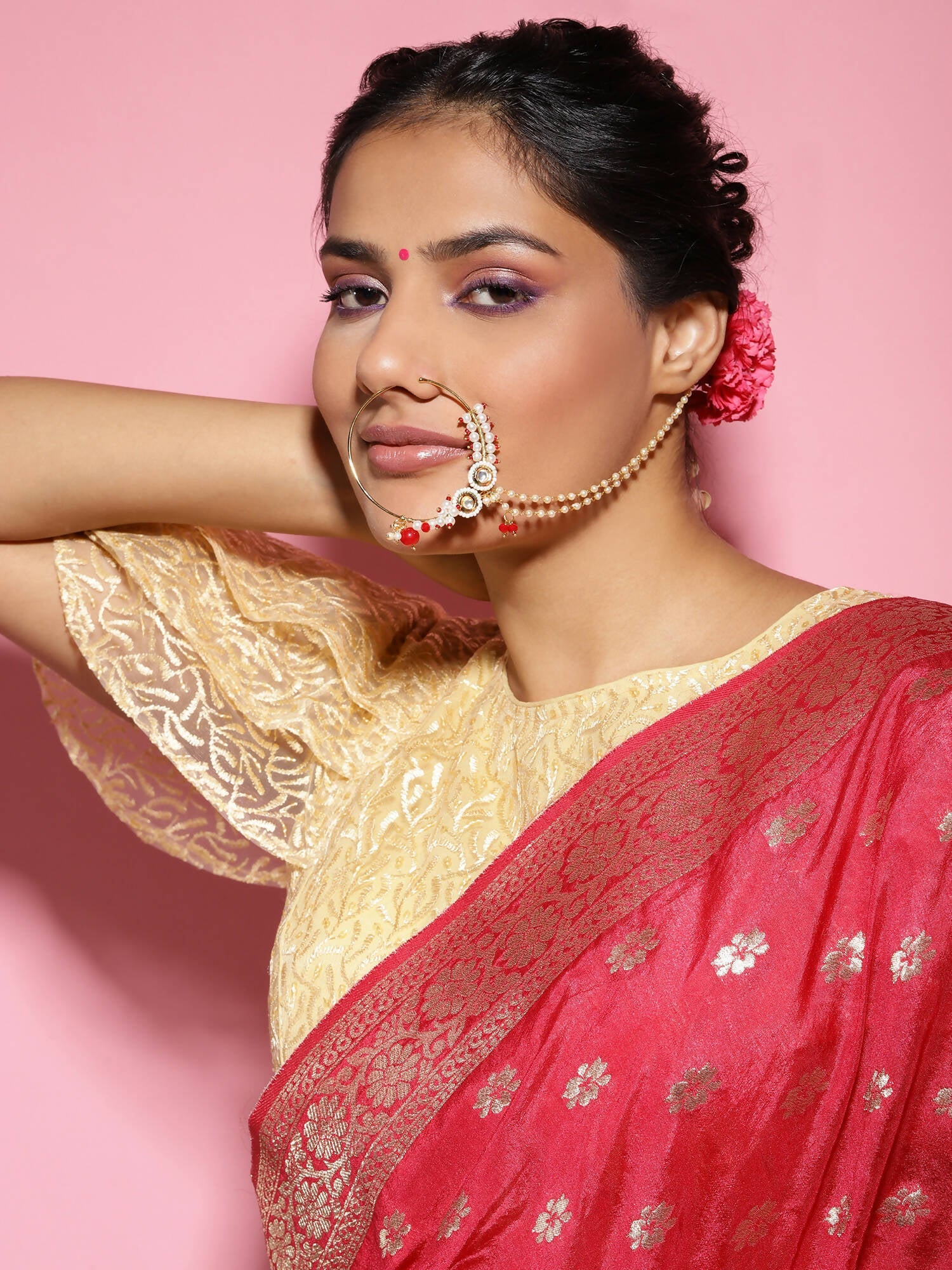 Gold-Polished White Red Kundan Studded Beaded Chained Nose Ring - Ruby Raang | Swadesiicart