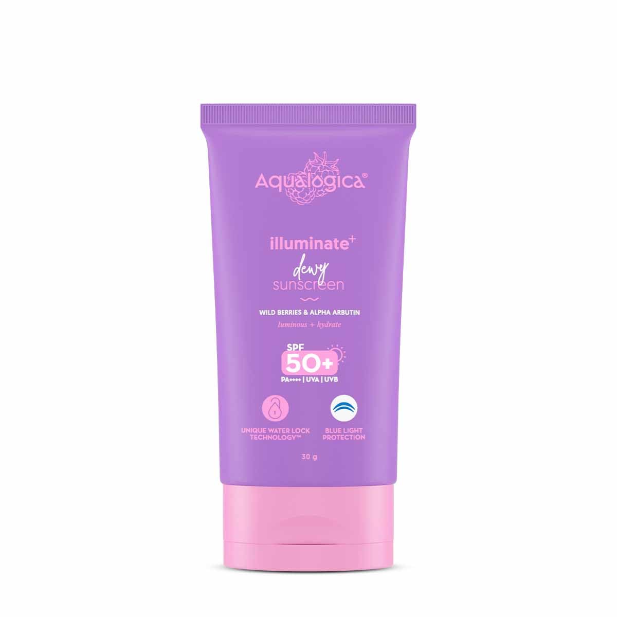 Aqualogica Illuminate+ Dewy Sunscreen SPF 50+ PA++++ with Wild Berries & Alpha Arbutin, Protection Against Uva/B & Blue Light Protection - Distacart
