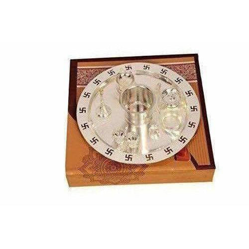Silver Plated OM Pooja Thali 1 Set 8 Pcs - Swadesiicart