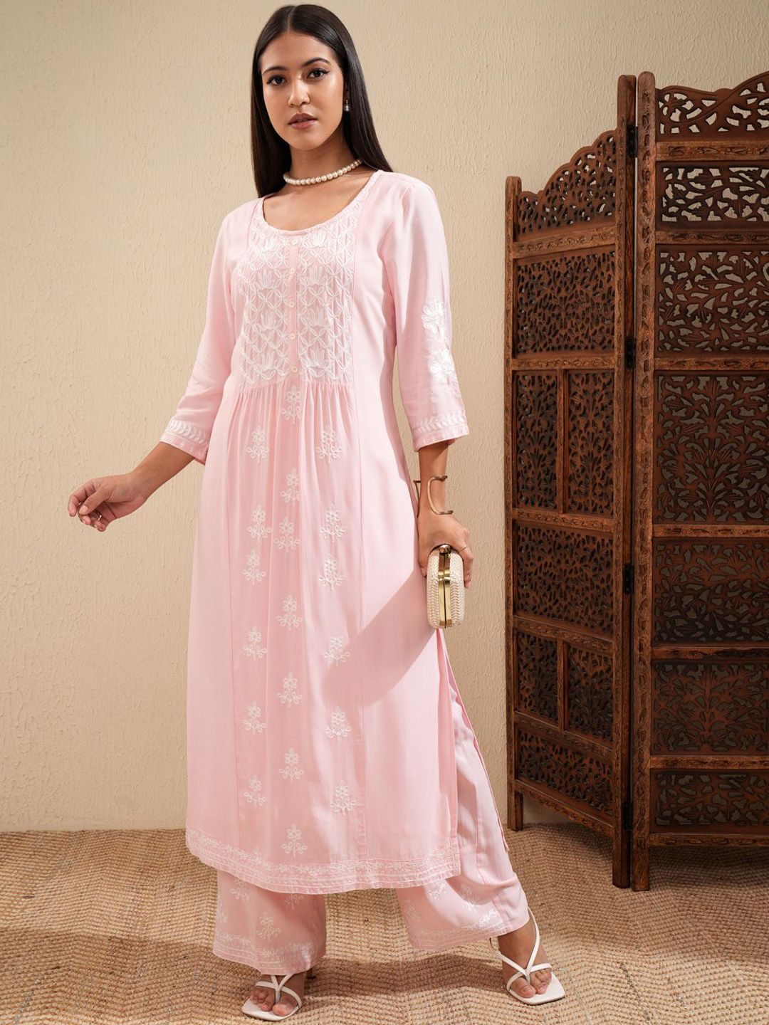 Vishudh Ethnic Motifs Embroidered Thread Work Straight Kurta With Palazzos - Swadesiicart