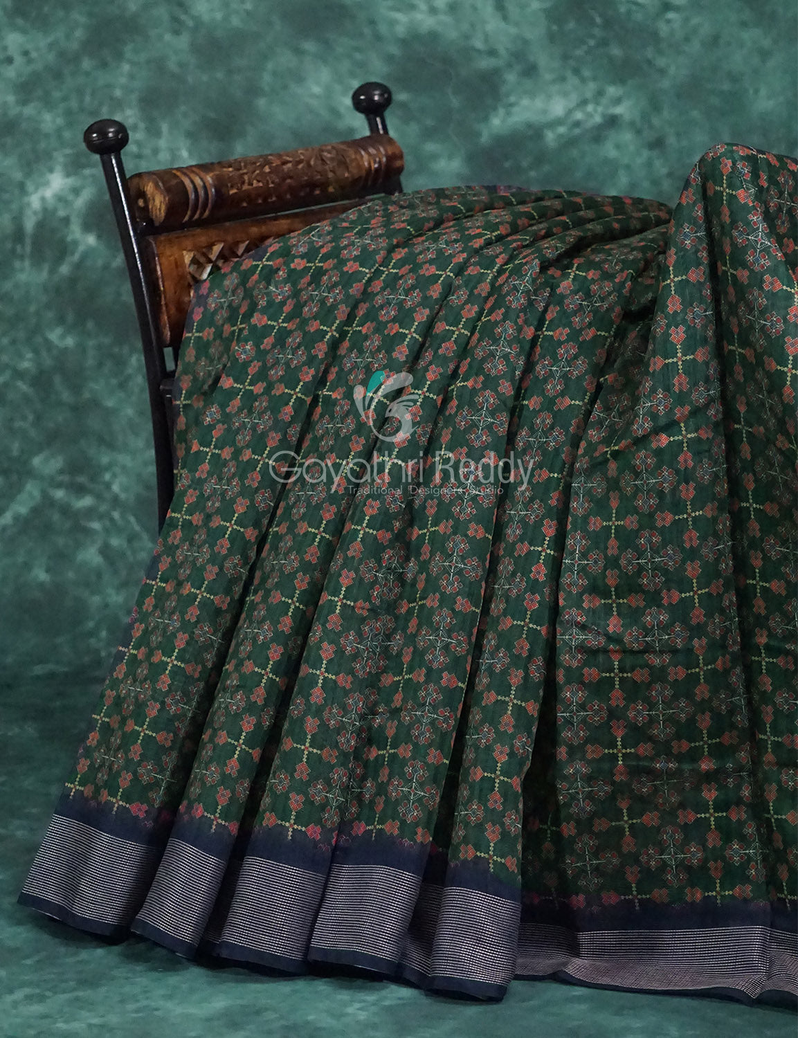 Dark Green and Navy Blue Geometrical Print Semi Chanderi Saree By Gayathri Reddy Designer Studio | Swadesiicart