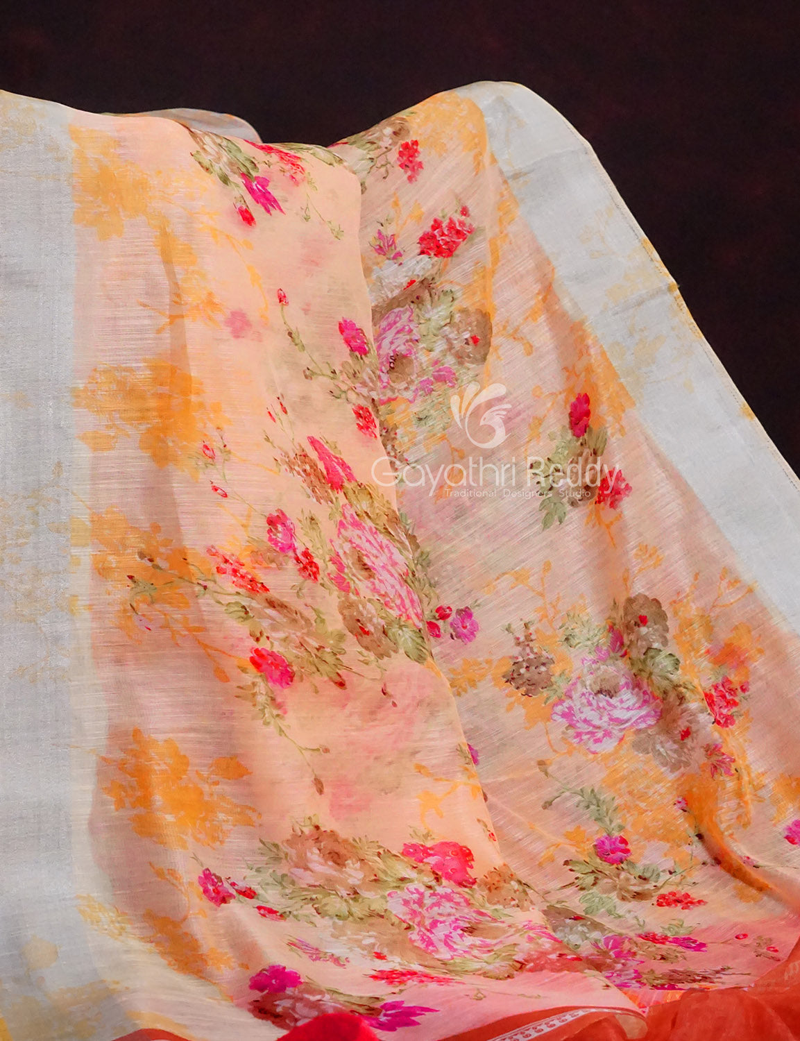 Shades of Baby Orange With Dark Orange Blouse Floral Design Semi Chanderi Saree By Gayathri Reddy Designer Studio | Swadesiicart