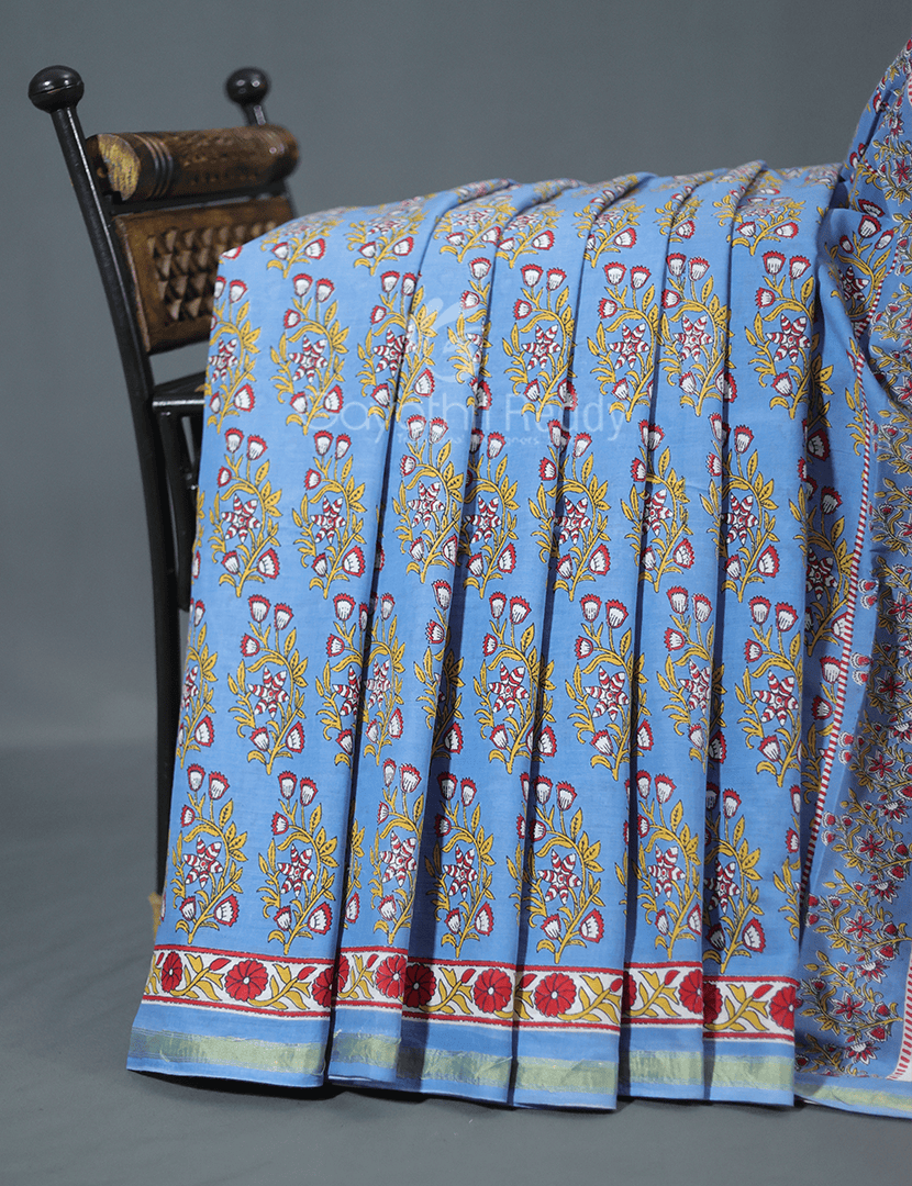 Cloud Blue Coloured Combination Printed Cotton Saree By Gayathri Reddy Designer Studio | Swadesiicart