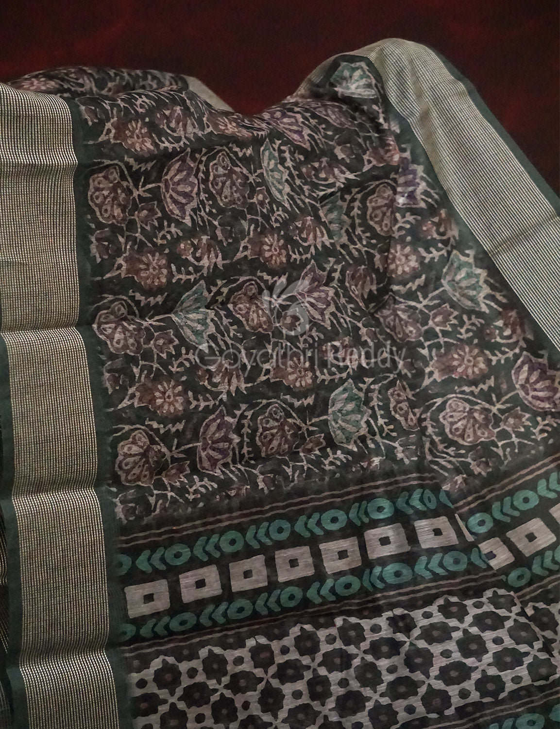 Dark Bottle Green Colour Mosaic Design Semi Chanderi Saree By Gayathri Reddy Designer Studio | Swadesiicart