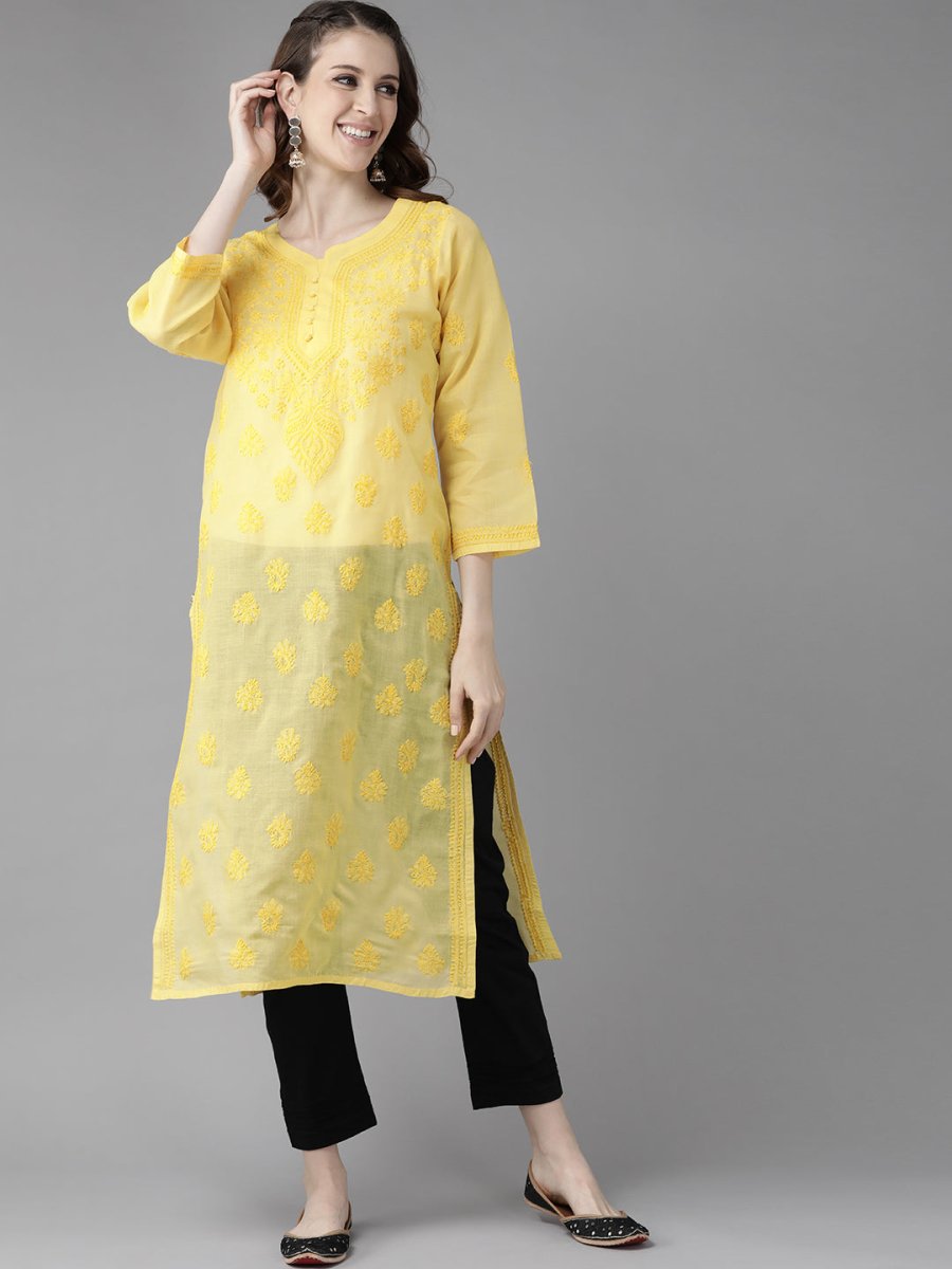 ADA Women Yellow & Black Chikankari Embroidered Handloom Kurta with Cotton Trousers | Swadesiicart