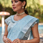 Mitera Blue & Silver-Toned Floral Embroidered Zari Pure Linen Banarasi Saree | Swadesiicart