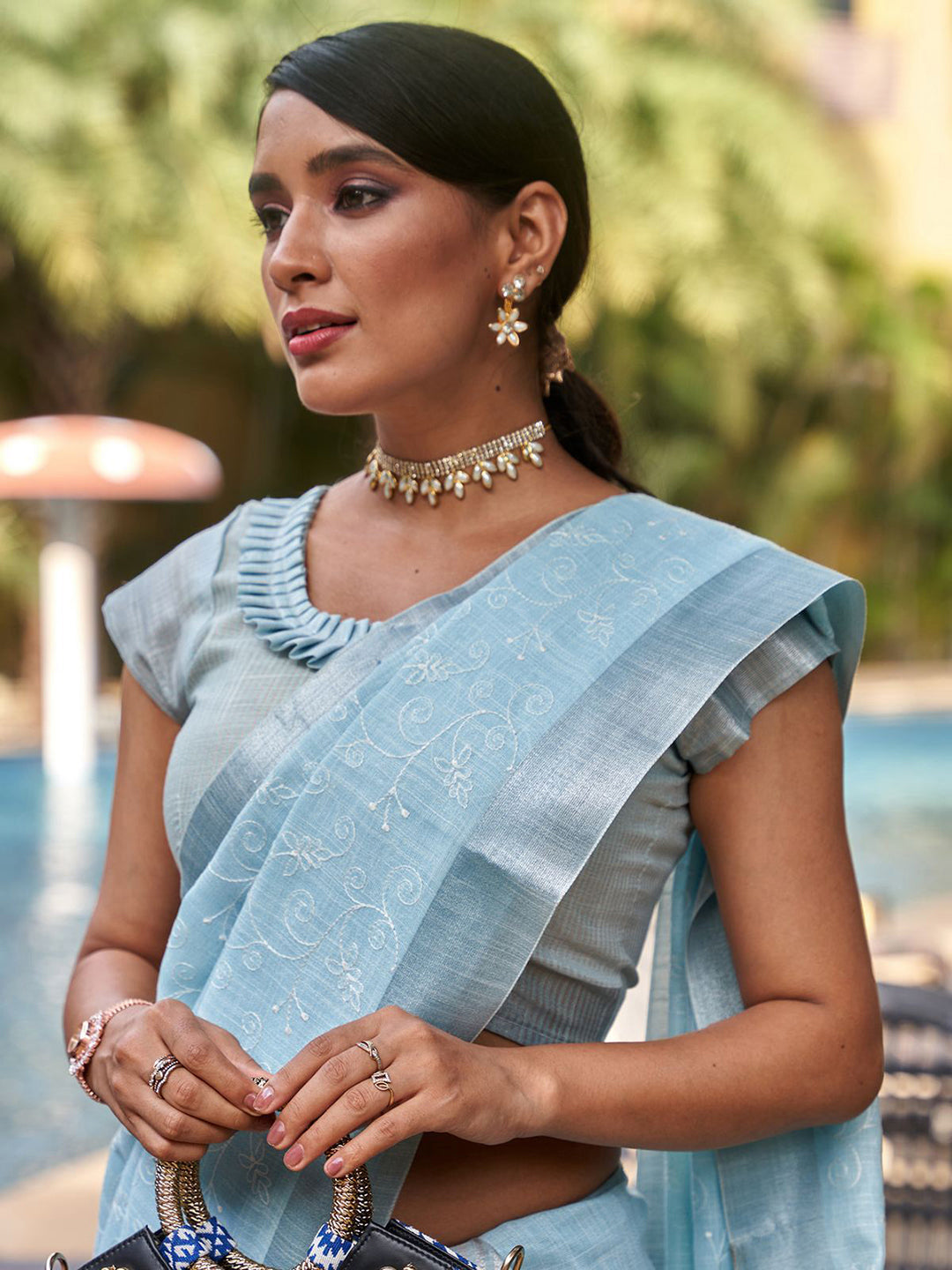 Mitera Blue & Silver-Toned Floral Embroidered Zari Pure Linen Banarasi Saree | Swadesiicart