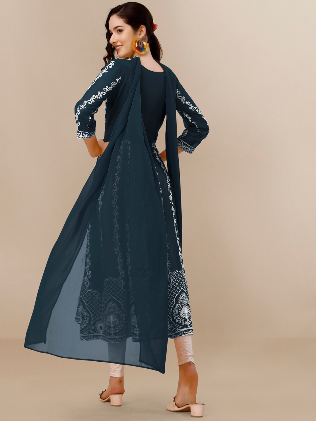 HERE&NOW Teal & White Ethnic Motifs Embroidered Chikankari Kurta & Dupatta | Swadesiicart