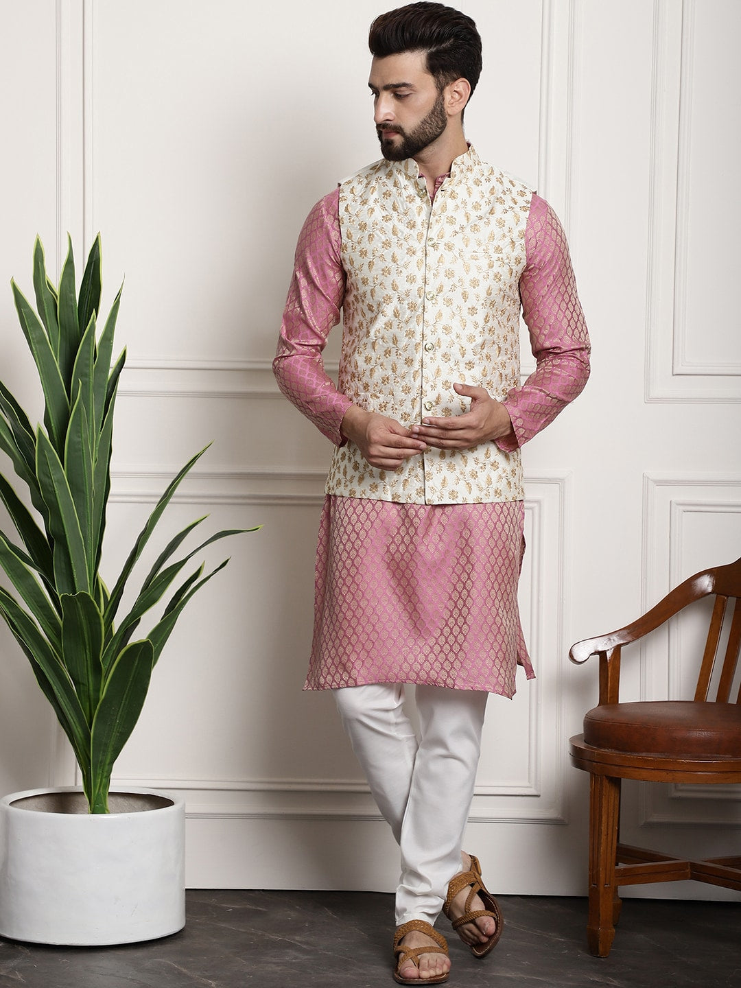 Sojanya Woven Design Mandarin Collar Kurta with Churidar & Nehru Jacket | Swadesiicart