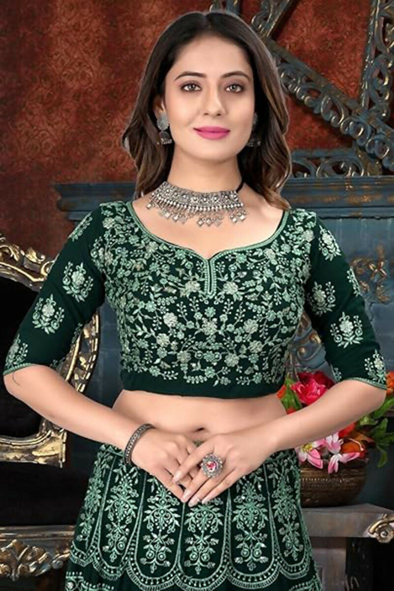 Jyoti Fashion Beautiful Bottle Green Faux Georgette 3MM Sequins with Thread & Jari Embroidery Lehenga Choli with Dupatta | Swadesiicart