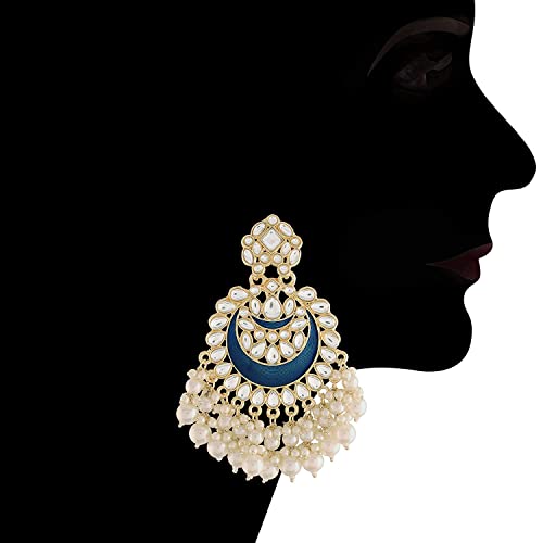 Gold-Polished Intricately Designed Traditional Meenakari Chandbali Earrings Glided With Kundans & Pearls - Wahe Jewels - Swadesiicart