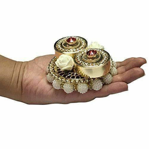 Haldi Kumkum Box Elegant with Lids - Decorated with Flowers - Colored Crystals - Swadesiicart