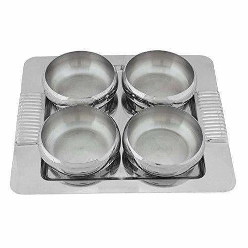 Stainless Steel Serving Set with Wooden Lid and Tray - 4 Pieces - Swadesiicart
