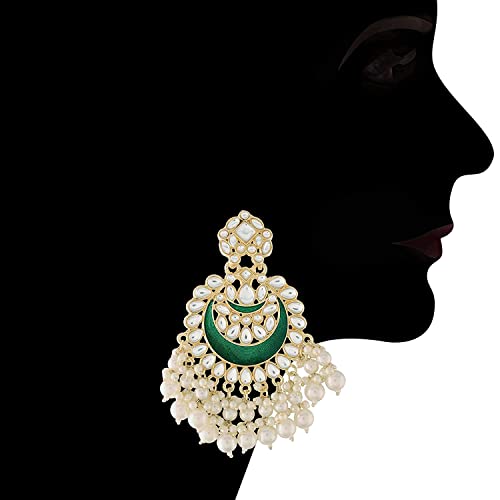 Womens Gold-Polished Intricately Designed Traditional Meenakari Chandbali Earrings Glided With Kundans & Pearls - Wahe Jewels - Swadesiicart