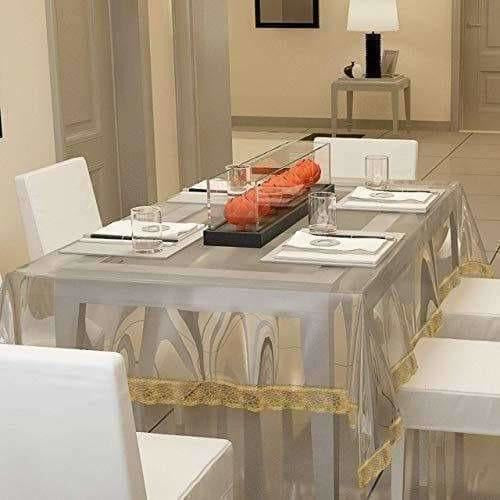 Transparent With Golden Lace 6 Seater Dinning Table Cover - Swadesiicart