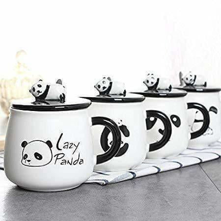 Panda Ceramic Mug with Ceramic Lid and Spoon(Random Design)-300 ML (Pack of 1) - Swadesiicart