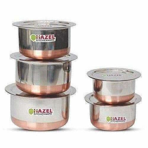 Copper Bottom Top with Lid - 5 Pcs Set - Stainless Steel Top - Swadesiicart