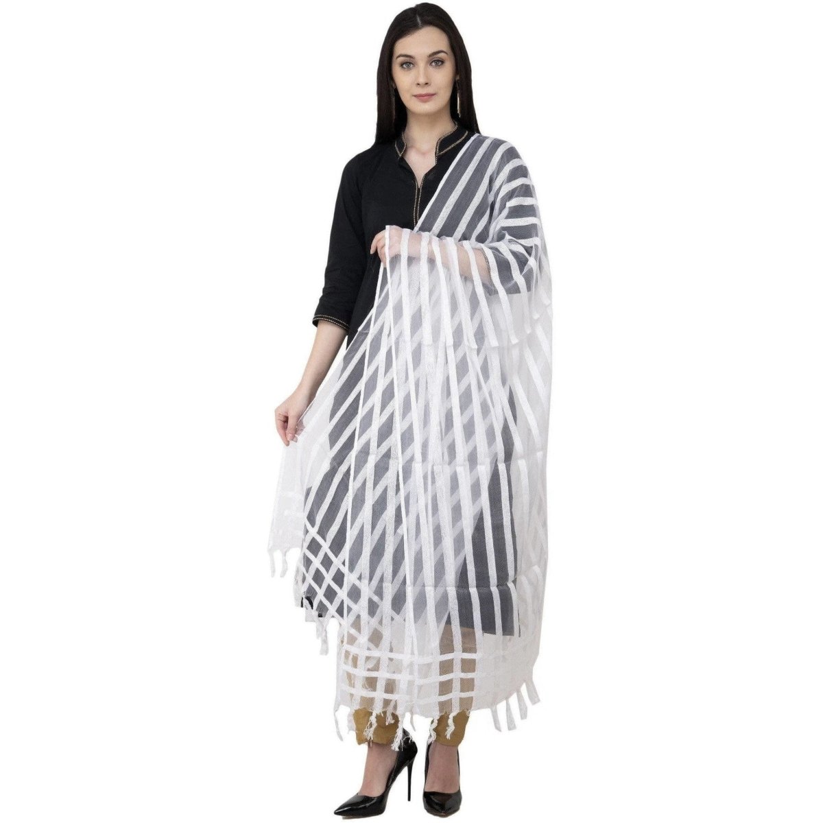 A R Silk Moti Luv Luv Stripe Regular Dupatta White Color Dupatta or Chunni | Swadesiicart