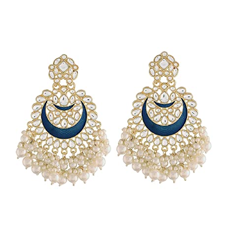 Gold-Polished Intricately Designed Traditional Meenakari Chandbali Earrings Glided With Kundans & Pearls - Wahe Jewels - Swadesiicart