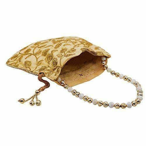 Ethnic Silk Potli bag Clutch Batwa Pouch with Embroidery and Metal Bead work Gift For Women - Swadesiicart