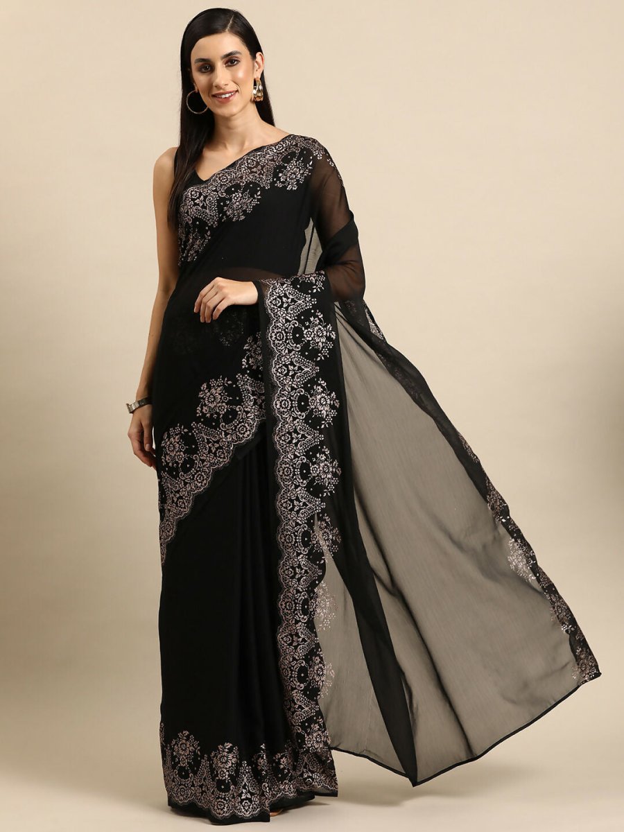 Ahalyaa Women's Traditional Semi Stitch Saree - Black | Swadesiicart