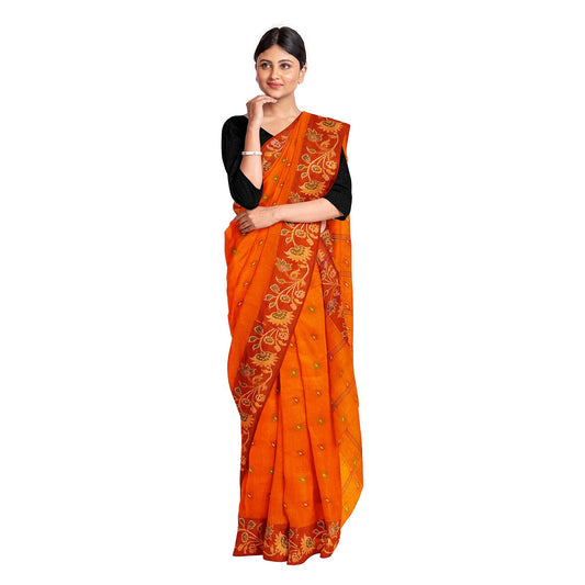 Exclusive Collection 100% Pure Cotton Orange Tant Saree With Hand Weaving Work - Swadesiicart