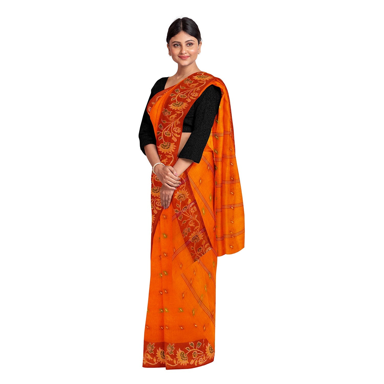 Exclusive Collection 100% Pure Cotton Orange Tant Saree With Hand Weaving Work - Swadesiicart