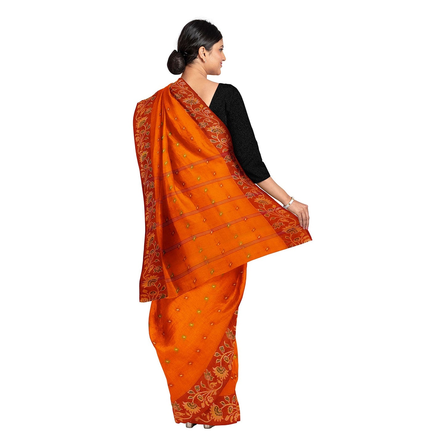 Exclusive Collection 100% Pure Cotton Orange Tant Saree With Hand Weaving Work - Swadesiicart