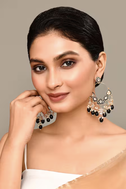 New Stylish Ethnic Partywear Black Hoops Kundan Earrings for Womens by House of Ree | Swadesiicart