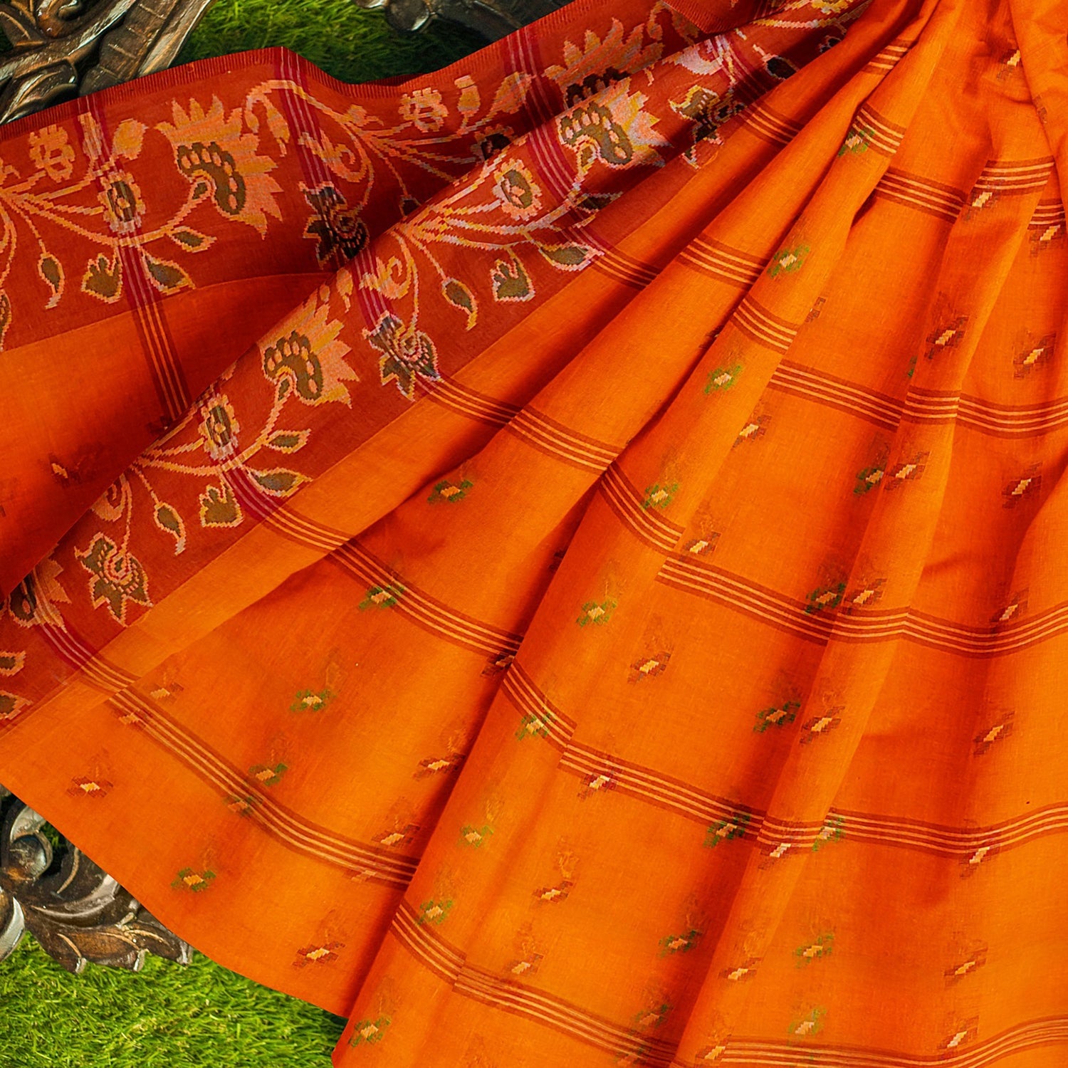 Exclusive Collection 100% Pure Cotton Orange Tant Saree With Hand Weaving Work - Swadesiicart